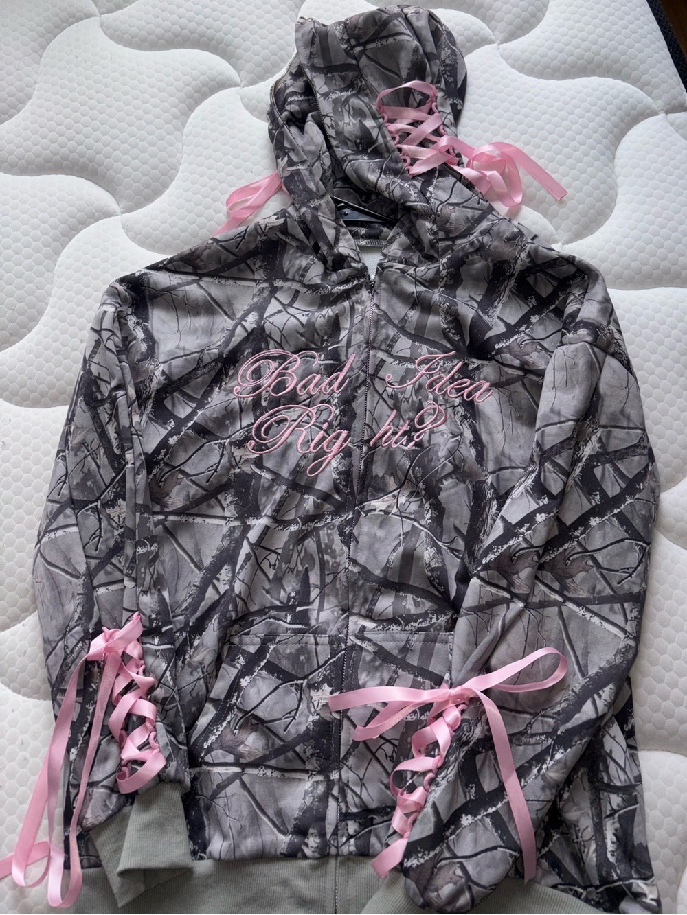 ROMWE Gray Camo Hoodie with Pink Ribbon Accents
